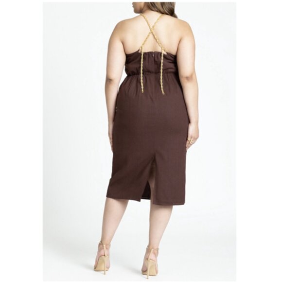 Chocolate Brown Chain Detail Halter Midi Eloquii Dress 16 - Picture 2 of 14